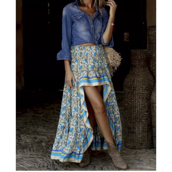 Boho Gypsy Floral Print High Low Maxi Skirt (Blue) - Picture 3 of 6